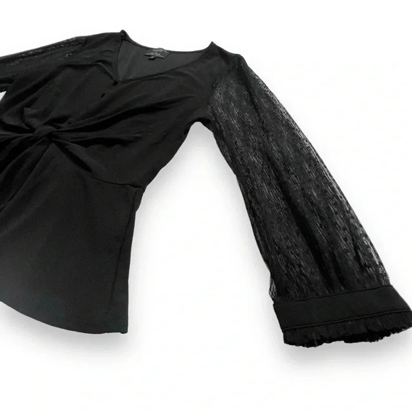 Flower and Feather Black Cinched Waist Peplum Top with Dot Lace Puffed Sleeves - Picture 3 of 5